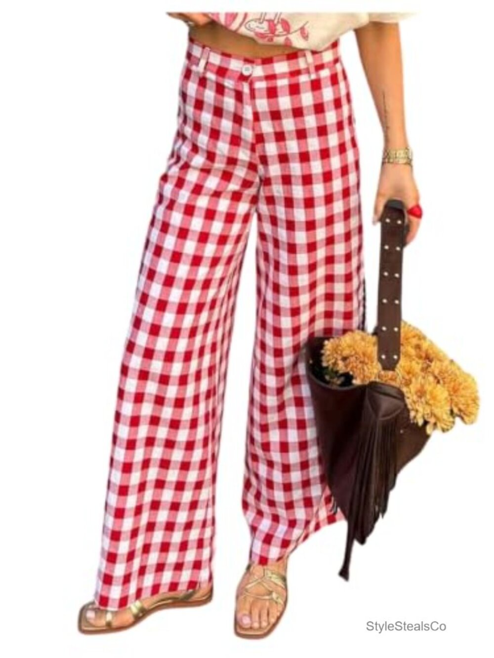 Wide Leg Gingham Palazzo Pants Split Hem